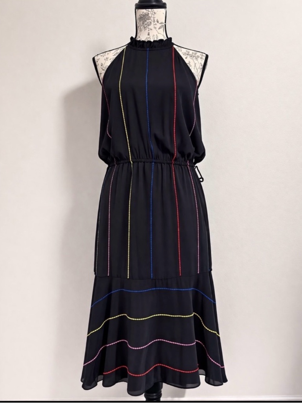 Gianni Bini Black Midi Dress Ruffle Neck Multicolor Stitch M